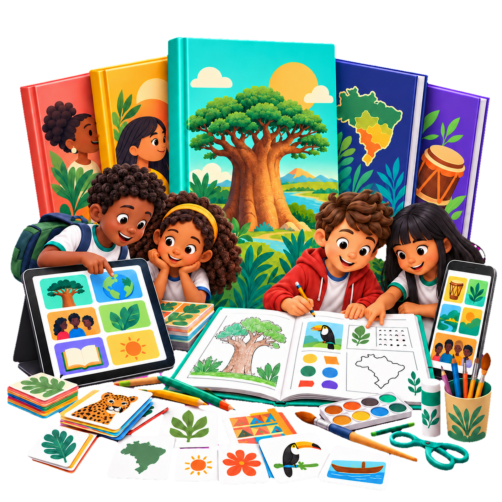 Mockup do Kit Baobá com materiais pedagógicos e crianças diversas estudando